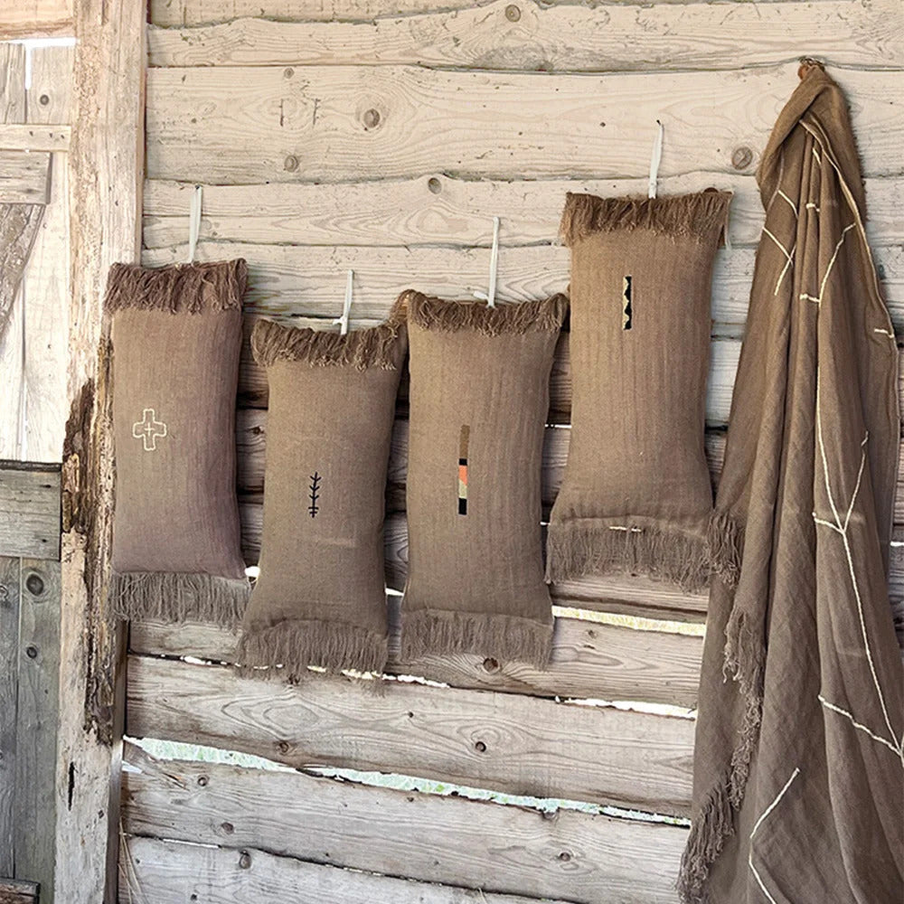 Housse De Coussin En Lin À Motif "Amérindien" Brodé - Marron