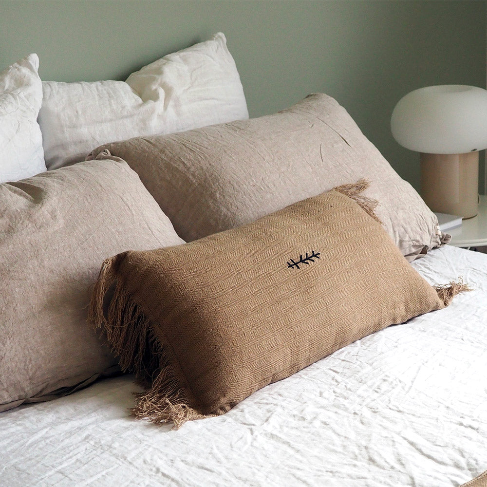 Linen Cushion Cover with Embroidered “Native American” Pattern - Brown