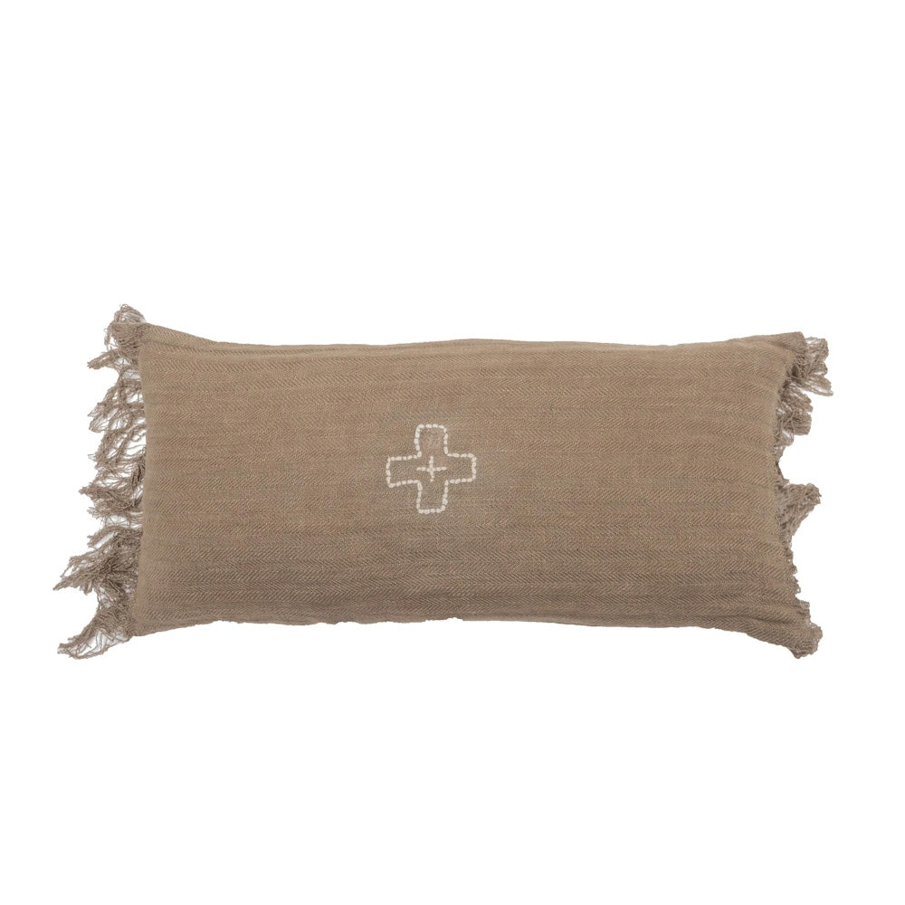 Linen Cushion Cover with Embroidered “Native American” Pattern - Brown