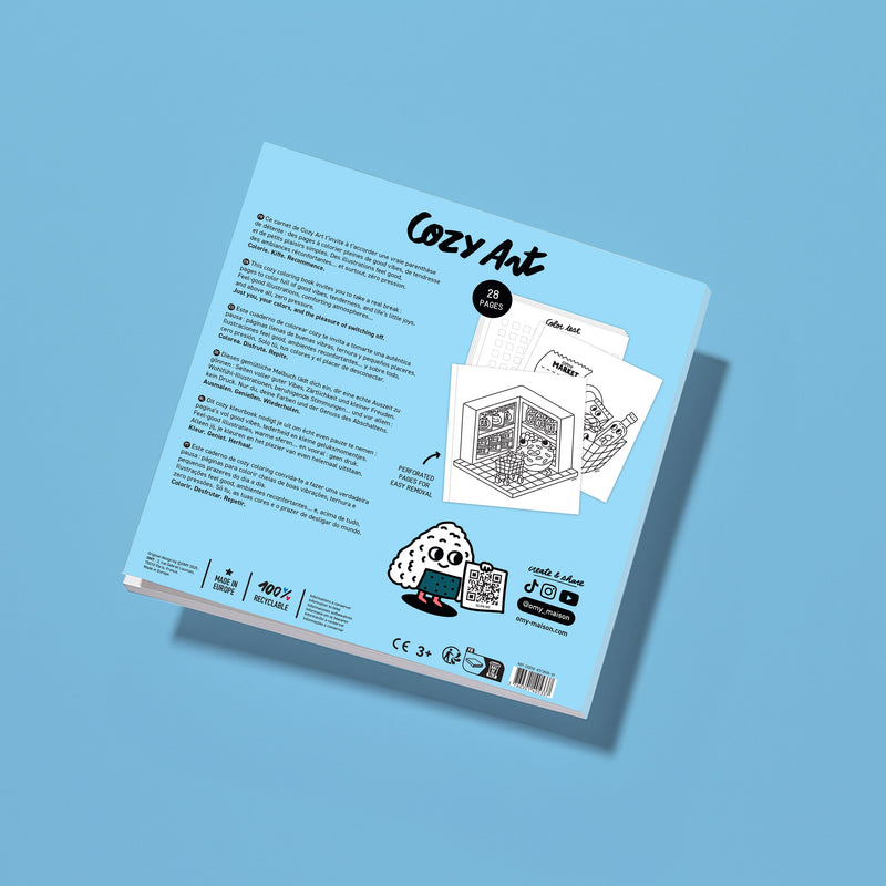 Dos du carnet de coloriage Cozy Art Supermarket par OMY – 28 pages détachables à colorier, conçu à Paris – illustration en noir et blanc de scènes de supermarché kawaii – détails produit en français et anglais, logo OMY, QR code, pictogrammes recyclables – cahier made in Europe pour enfants et adultes, dès 3 ans