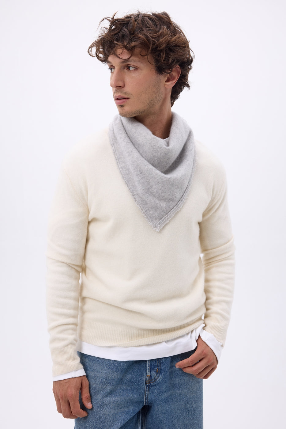 Szalik bandana trójkątny gładki Cozy - Jasnoszary - Męski - 100% kaszmir