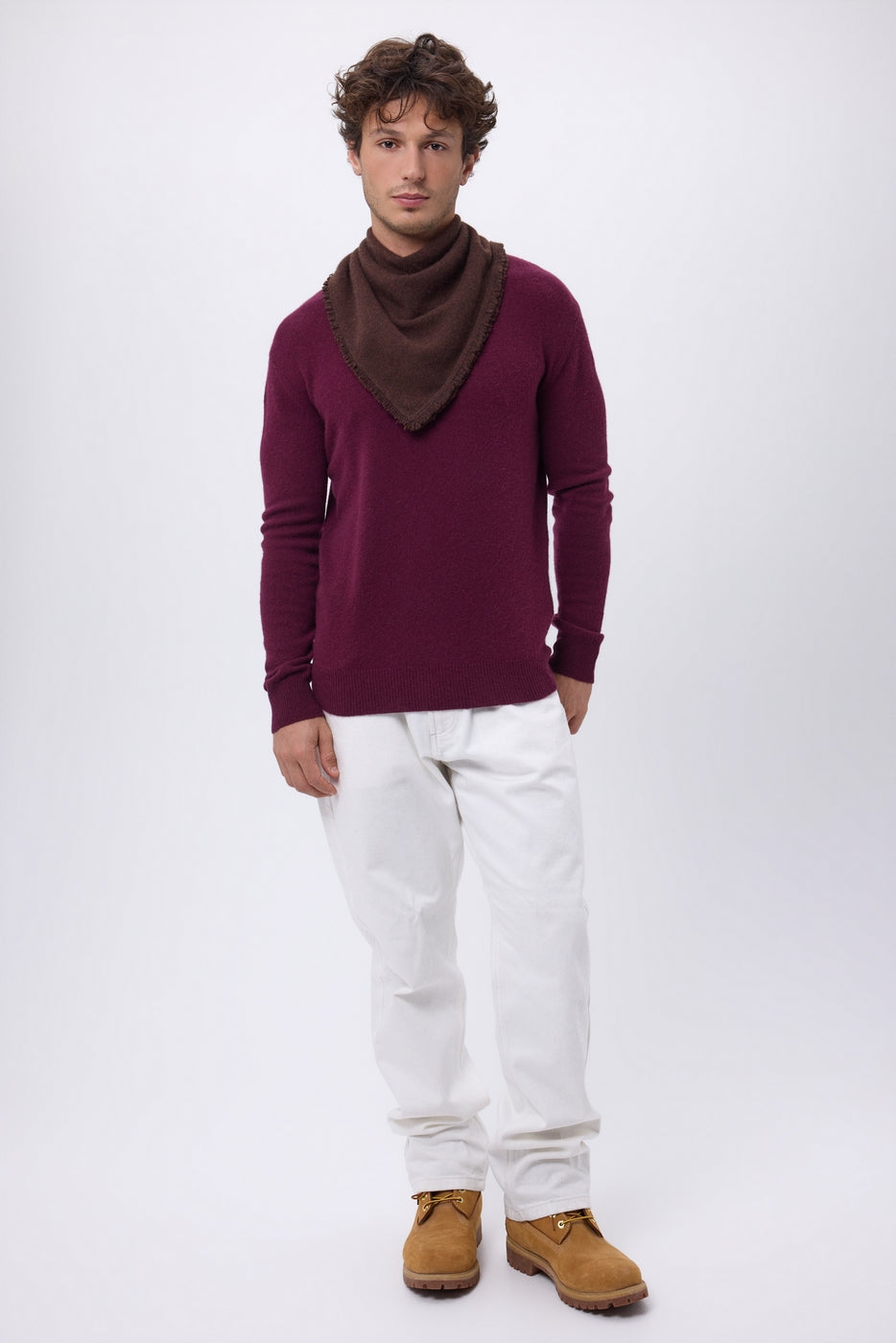 Sciarpa Bandana Triangolare Tinta Unita Cozy - Marrone Cioccolato - Uomo - 100% Cashmere