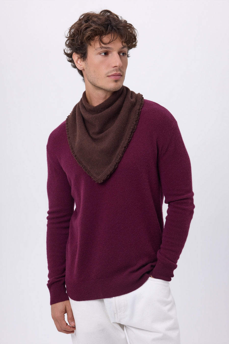 Sciarpa Bandana Triangolare Tinta Unita Cozy - Marrone Cioccolato - Uomo - 100% Cashmere
