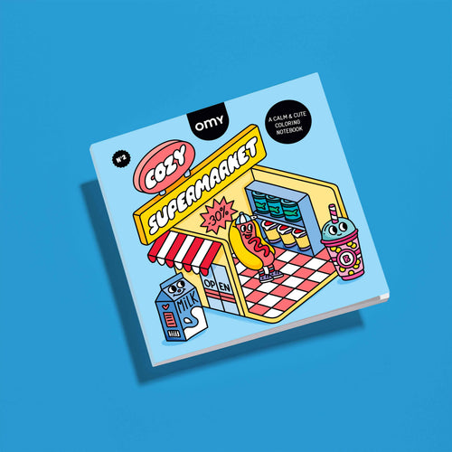 Cahier de coloriage OMY Cozy Art Supermarket avec illustration amusante de supermarché, personnages iconiques et objets du quotidien à colorier