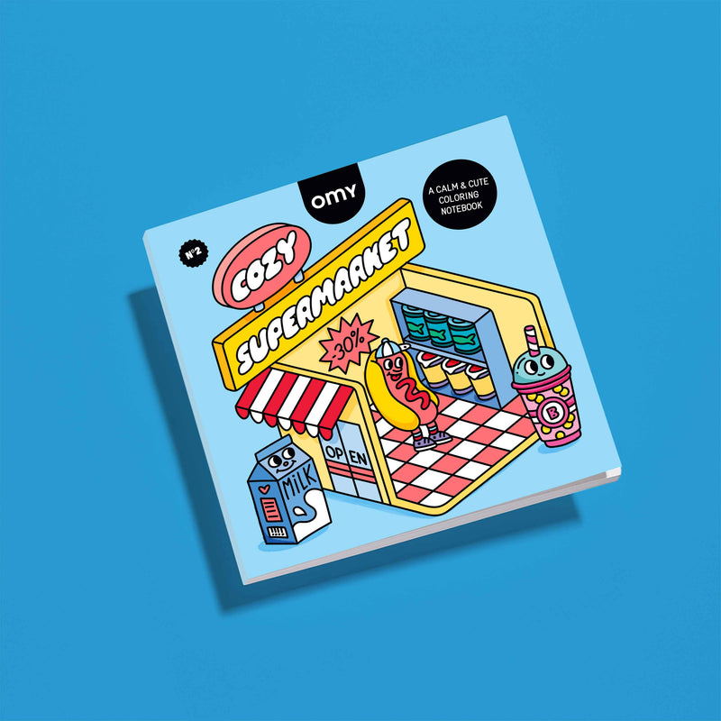 Cahier de coloriage OMY Cozy Art Supermarket avec illustration amusante de supermarché, personnages iconiques et objets du quotidien à colorier