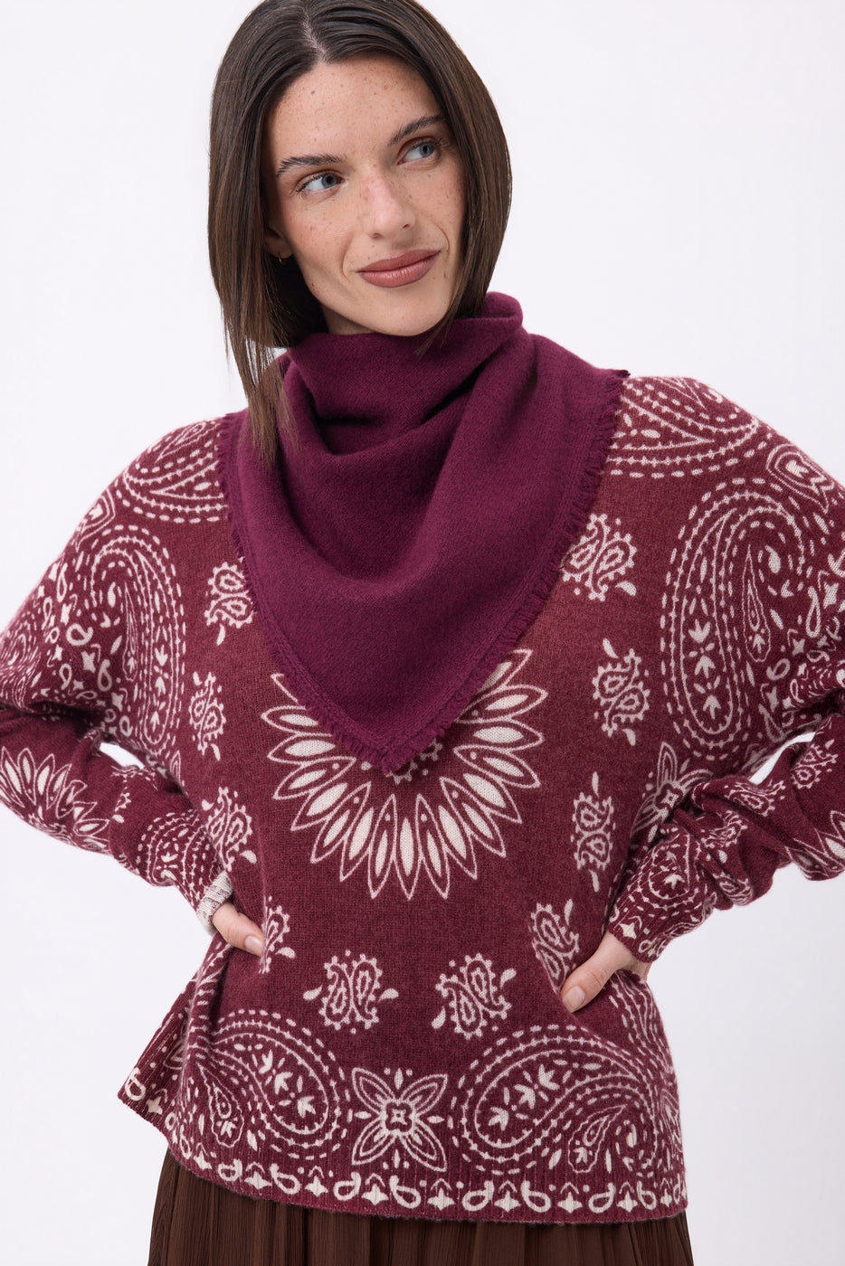 Bufanda bandana triangular lisa Cozy - Burdeos - Mujer