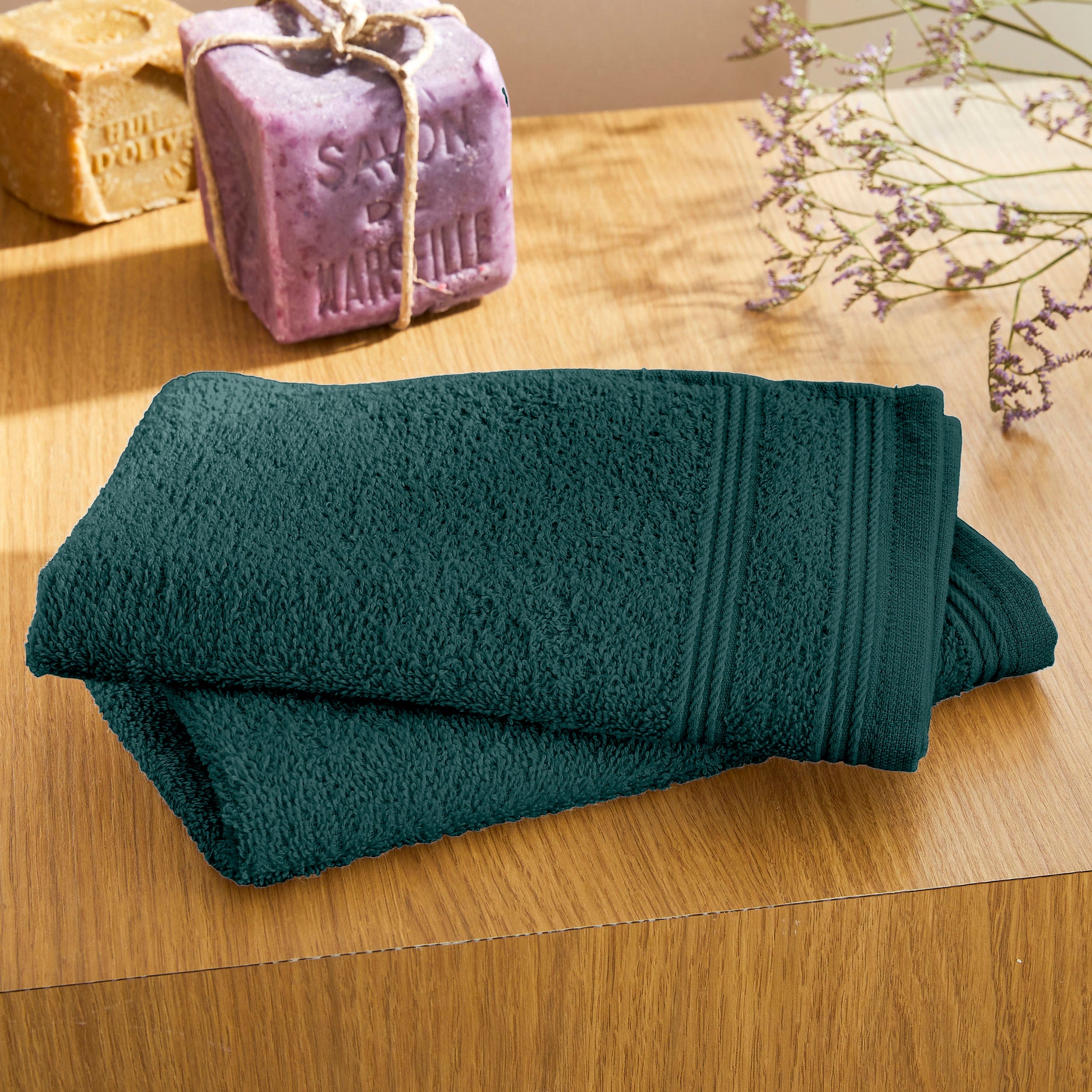 Serviettes Invité "Spa" - 100% Coton - Emeraude