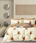 Parure De Couette Imprimé Double Face + 2 Taies D'Oreiller Volant Plat Piqué - 100% Percale Pur Coton Peigné