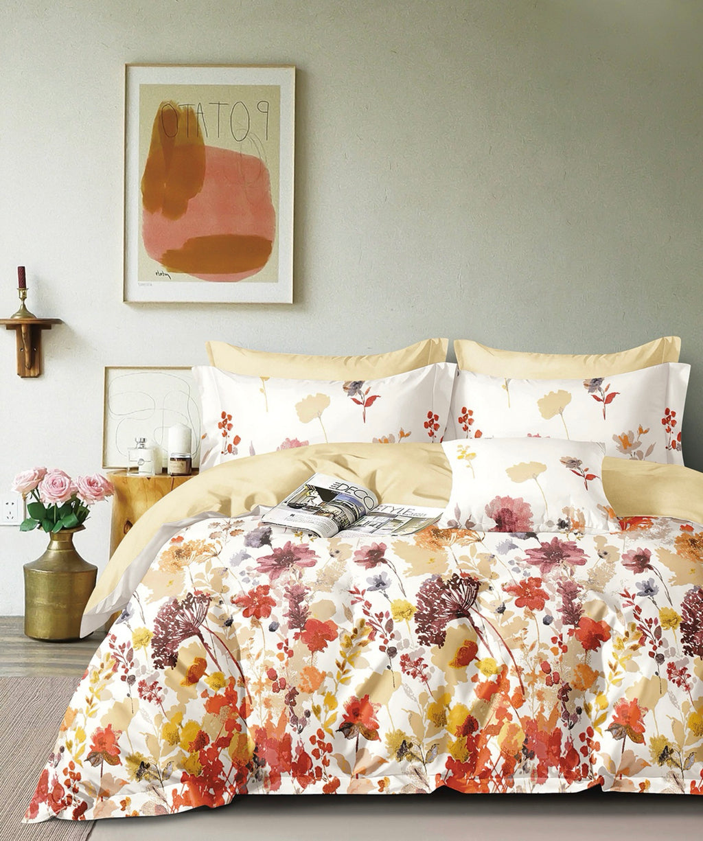 Parure De Couette Imprimé Double Face + 2 Taies D'Oreiller Volant Plat Piqué - 100% Percale Pur Coton Peigné