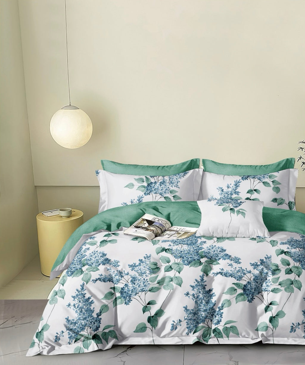 Parure De Couette Imprimé Double Face + 2 Taies D'Oreiller Volant Plat Piqué - 100% Percale Pur Coton Peigné