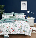 Parure De Couette Imprimé Double Face + 2 Taies D'Oreiller Volant Plat Piqué - 100% Percale Pur Coton Peigné