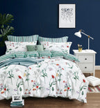 Parure De Couette Imprimé Double Face + 2 Taies D'Oreiller Volant Plat Piqué - 100% Percale Pur Coton Peigné