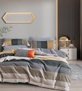 Parure De Couette Imprimé Double Face + 2 Taies D'Oreiller Volant Plat Piqué - 100% Percale Pur Coton Peigné