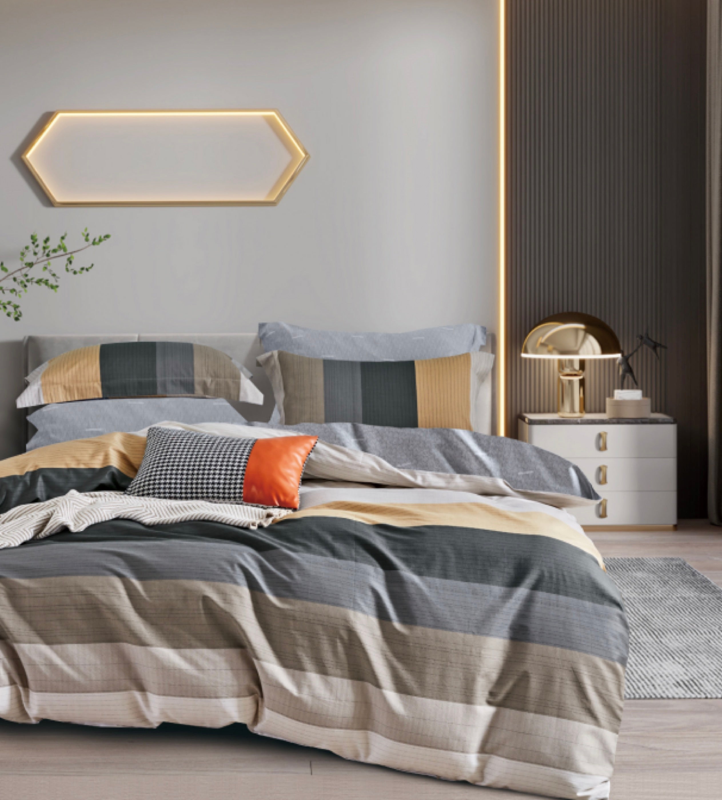 Parure De Couette Imprimé Double Face + 2 Taies D'Oreiller Volant Plat Piqué - 100% Percale Pur Coton Peigné