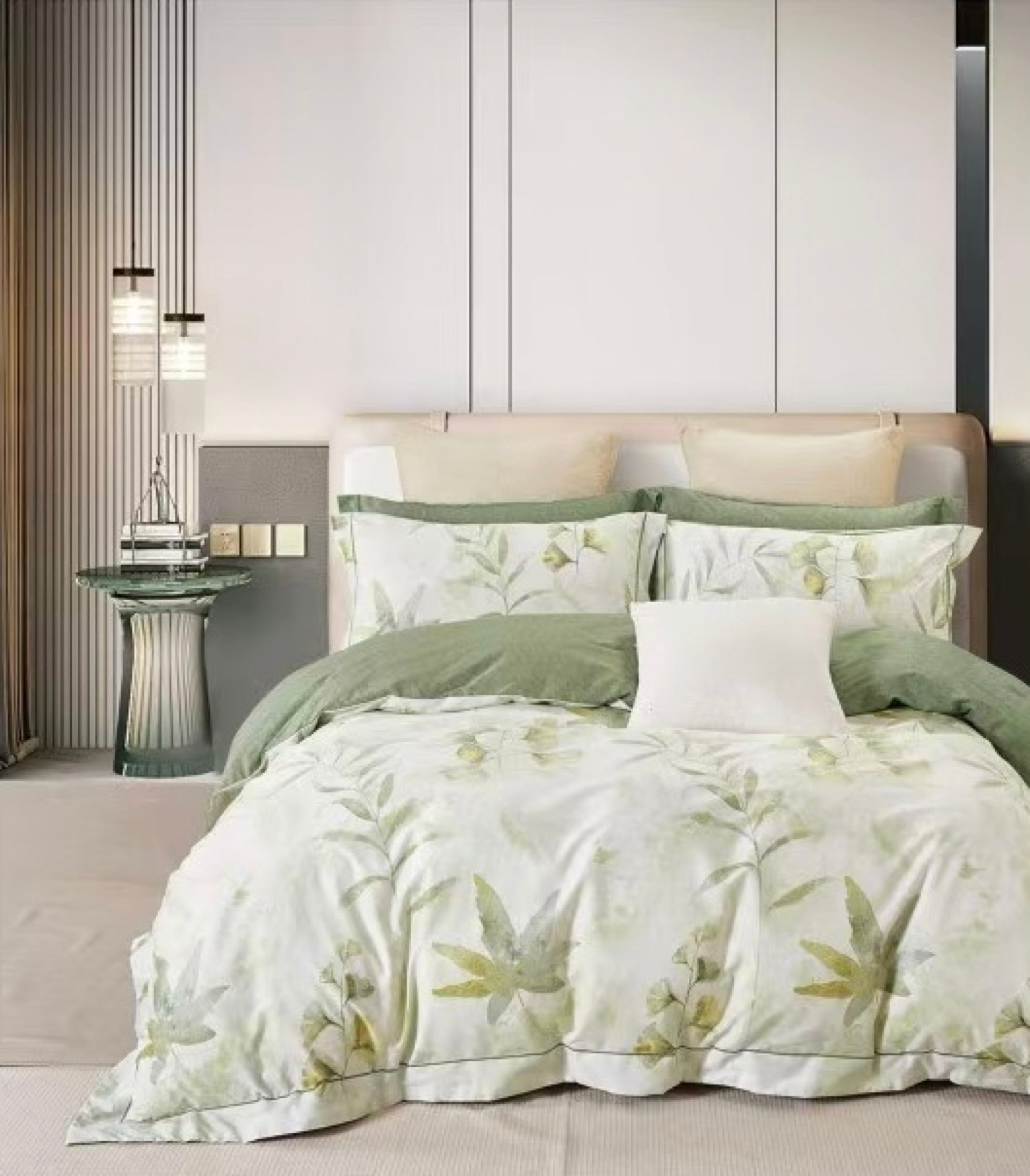 Parure De Couette Imprimé Double Face + 2 Taies D'Oreiller Volant Plat Piqué - 100% Percale Pur Coton Peigné