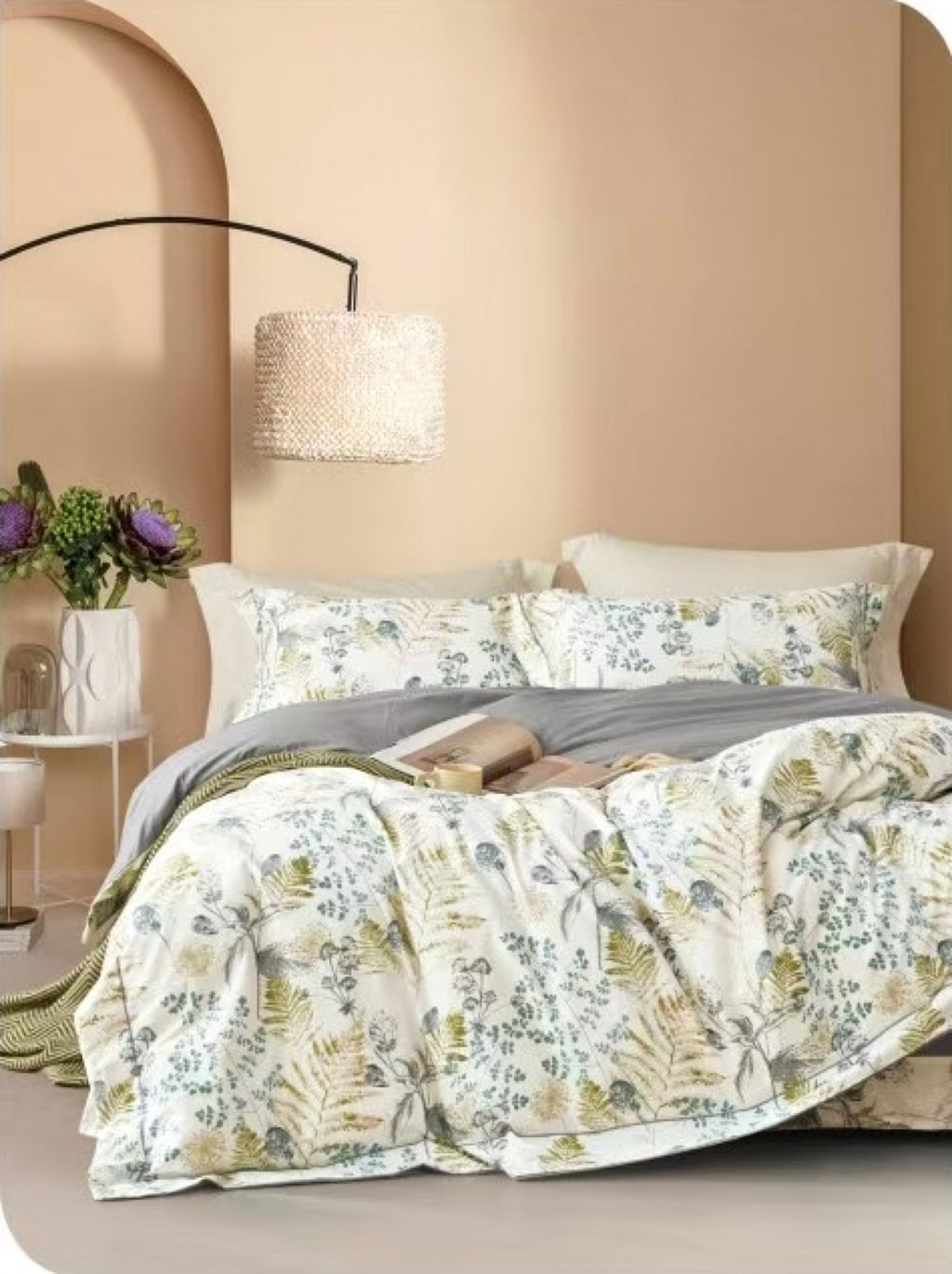 Parure De Couette Imprimé Double Face + 2 Taies D'Oreiller Volant Plat Piqué - 100% Percale Pur Coton Peigné