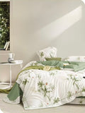 Parure De Couette Imprimé Double Face + 2 Taies D'Oreiller Volant Plat Piqué - 100% Percale Pur Coton Peigné