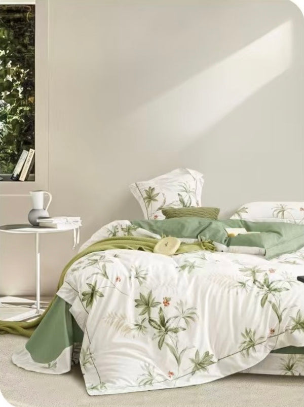 Juego de Edredón Estampado Doble Cara + 2 Fundas de Almohada con Volantes Planos de Piqué - 100% Puro Algodón Percal Peinado