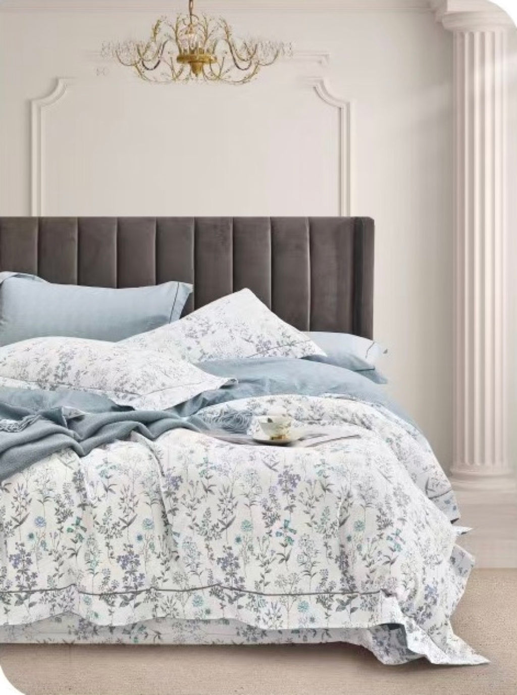 Parure De Couette Imprimé Double Face + 2 Taies D'Oreiller Volant Plat Piqué - 100% Percale Pur Coton Peigné