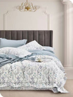 Parure De Couette Imprimé Double Face + 2 Taies D'Oreiller Volant Plat Piqué - 100% Percale Pur Coton Peigné