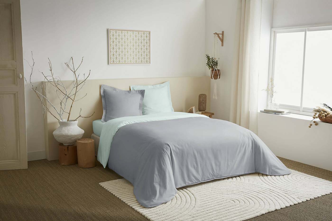Parure De Couette 3 Pièces Réversible - 100% Coton - Nuage/Menthe