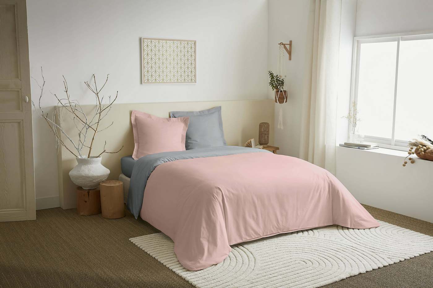 Parure De Couette 2 Pièces Réversible - 100% Coton - Rose/Nuage