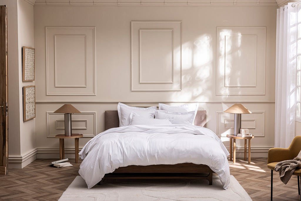 “Prestige” Duvet Cover - 100% Combed Cotton Sateen With Fine Stripes - White