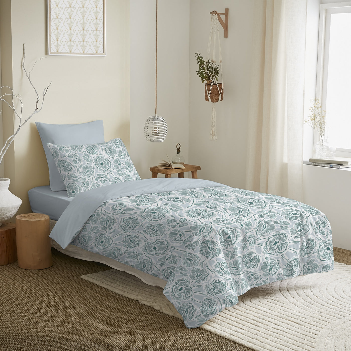 Complete Printed Pack (Duvet Cover + Pillowcase(s) + Fitted Sheet) - 100% Cotton 57 Thread Count - Agathe Celadon