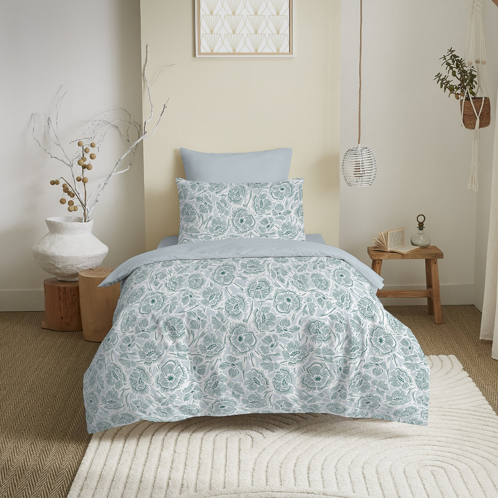 Complete Printed Pack (Duvet Cover + Pillowcase(s) + Fitted Sheet) - 100% Cotton 57 Thread Count - Agathe Celadon