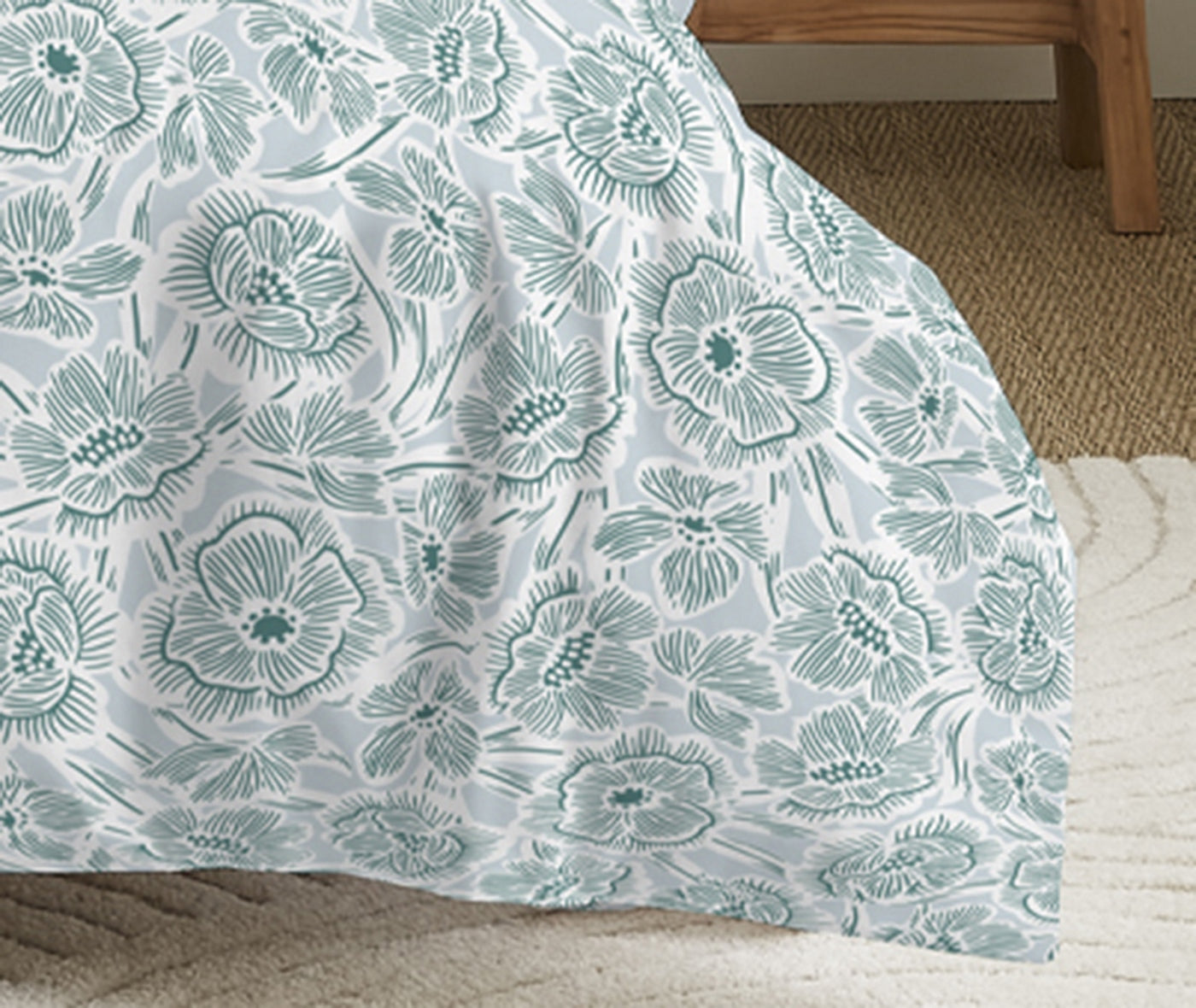 Complete Printed Pack (Duvet Cover + Pillowcase(s) + Fitted Sheet) - 100% Cotton 57 Thread Count - Agathe Celadon