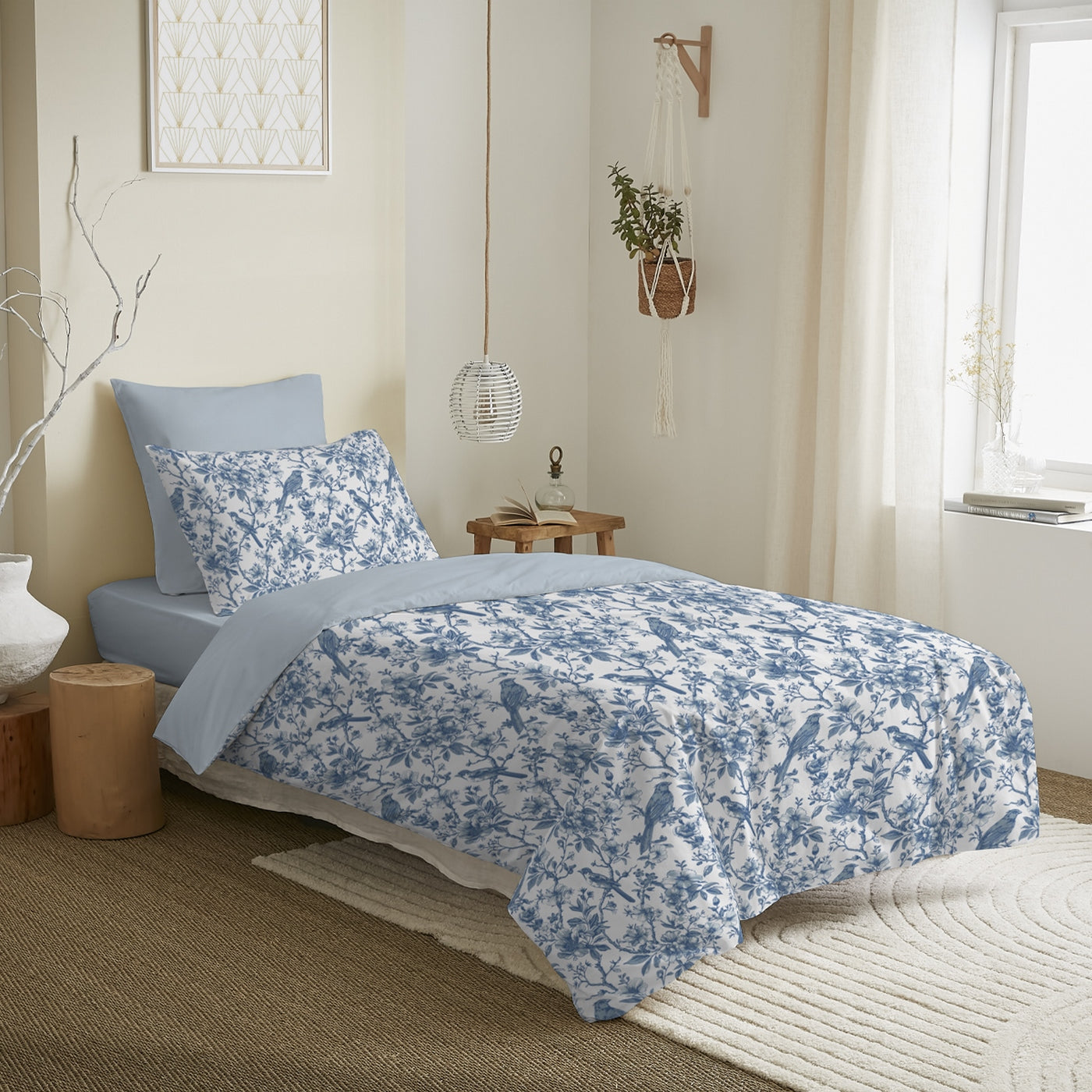 Pack Complet Imprimé (Housse De Couette + Taie(s) + Drap Housse) - 100% Coton 57 Fils - Berangere Bleu
