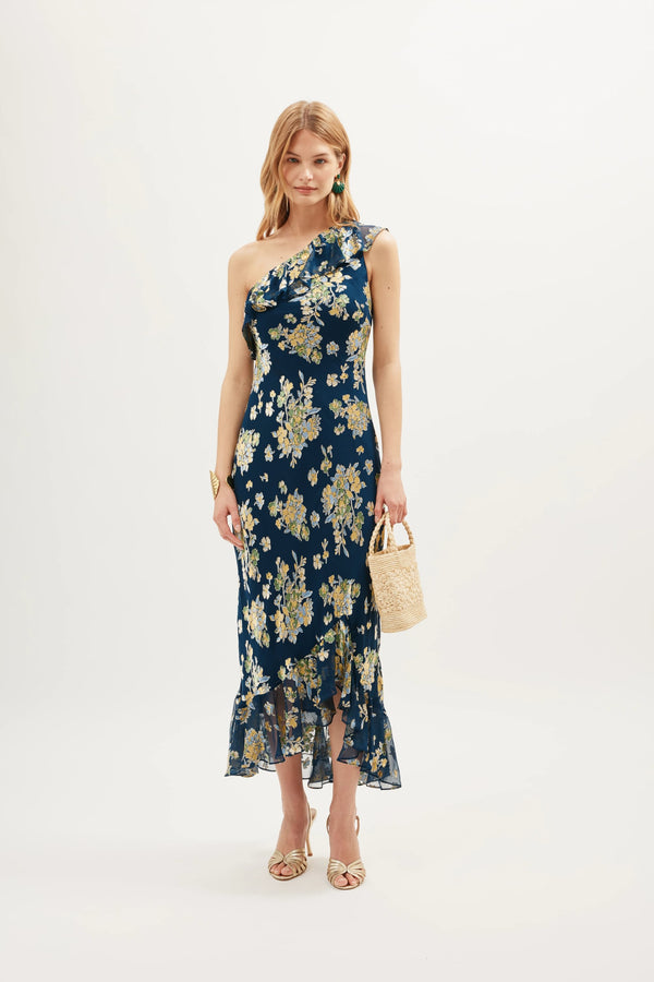 Vestido Leon Bouquet Devore Azul Marino