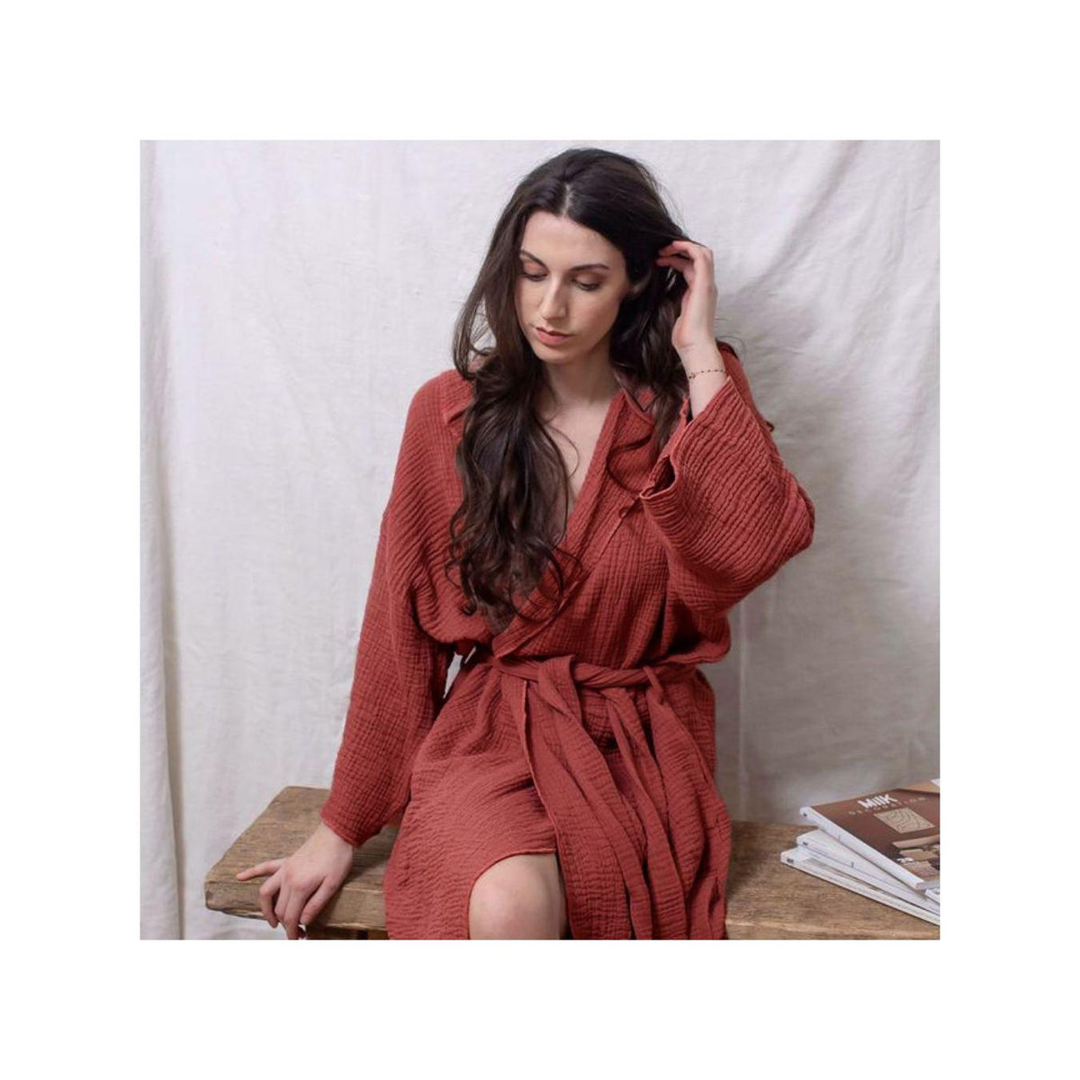 Hooded Cotton Gauze Kimono - Crawl - Burnt Earth