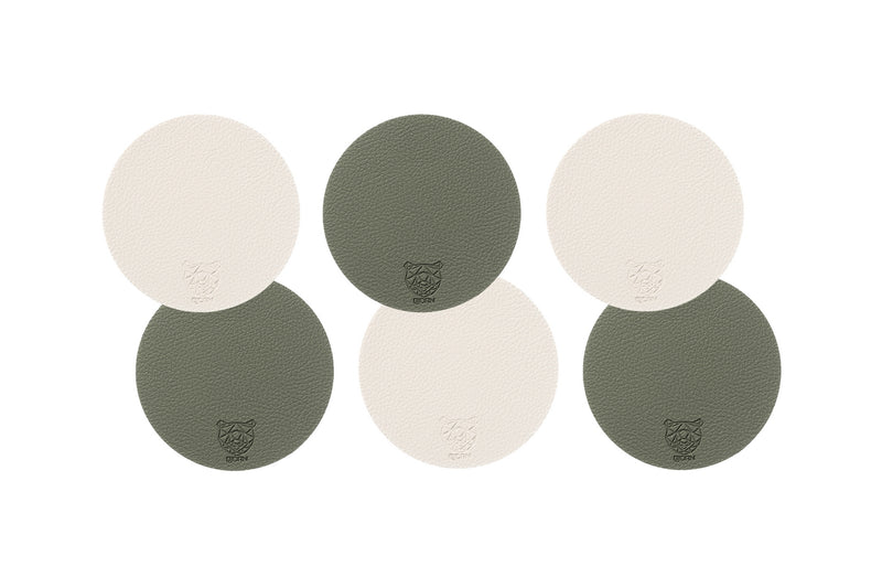 Sous-Verre Rond Réversible - 6 Pièces - Cuir Recyclé Blanc Crème Et Vert De Gris