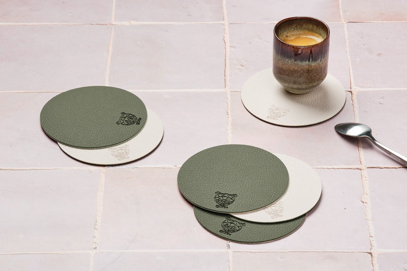 Sous-Verre Rond Réversible - 6 Pièces - Cuir Recyclé Blanc Crème Et Vert De Gris