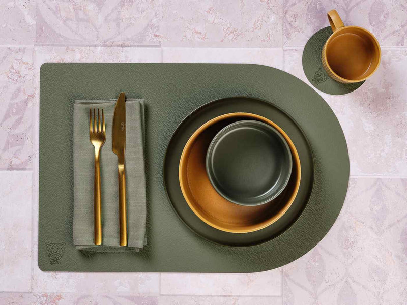 Sous-Verre Rond Réversible - 6 Pièces - Cuir Recyclé Blanc Crème Et Vert De Gris