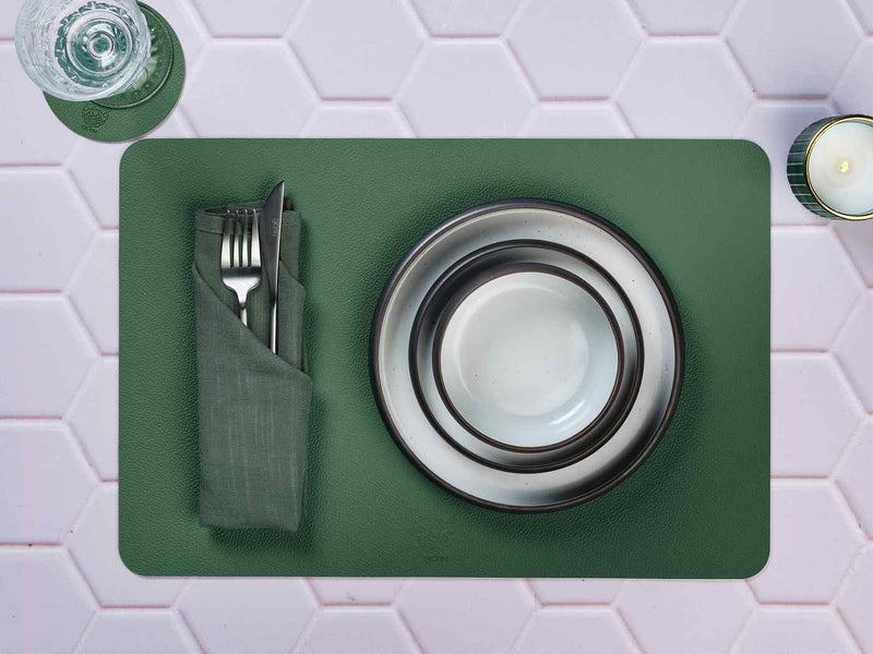 Sous-Verre Rond Réversible - 6 Pièces - Cuir Recyclé Jaune Moutarde Et Vert Sapin