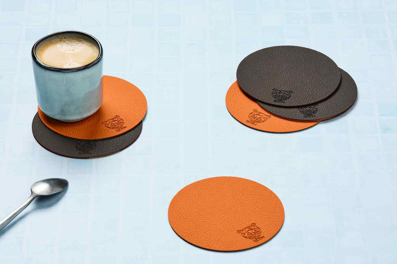 Sous-Verre Rond Réversible - 6 Pièces - Cuir Recyclé Orange Et Chocolat