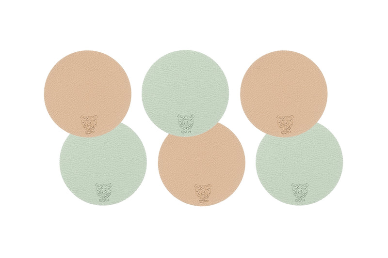 Sous-Verre Rond Réversible - 6 Pièces - Cuir Recyclé Rose Pâle Et Vert Pâle