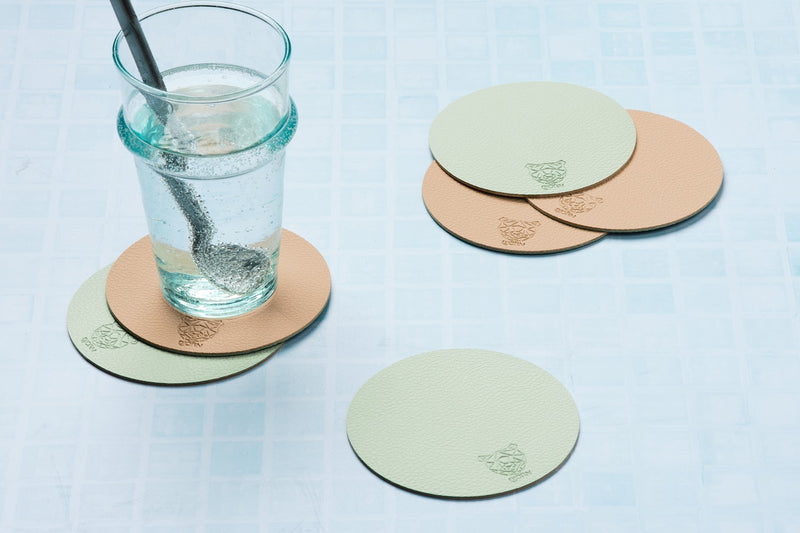 Sous-Verre Rond Réversible - 6 Pièces - Cuir Recyclé Rose Pâle Et Vert Pâle