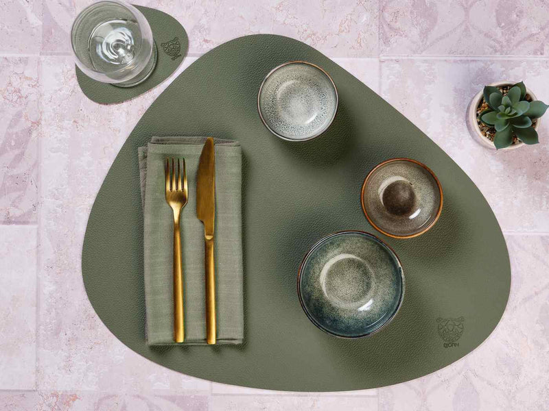 Sous-Verre Curve Réversible - 6 Pièces - Cuir Recyclé Blanc Crème Et Vert De Gris