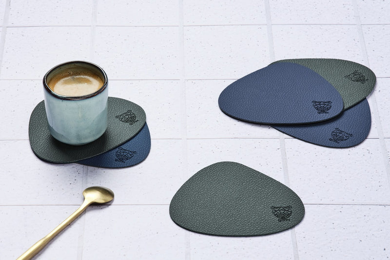 Sous-Verre Curve Réversible - 6 Pièces - Cuir Recyclé Bleu Nuit Et Gris Anthracite