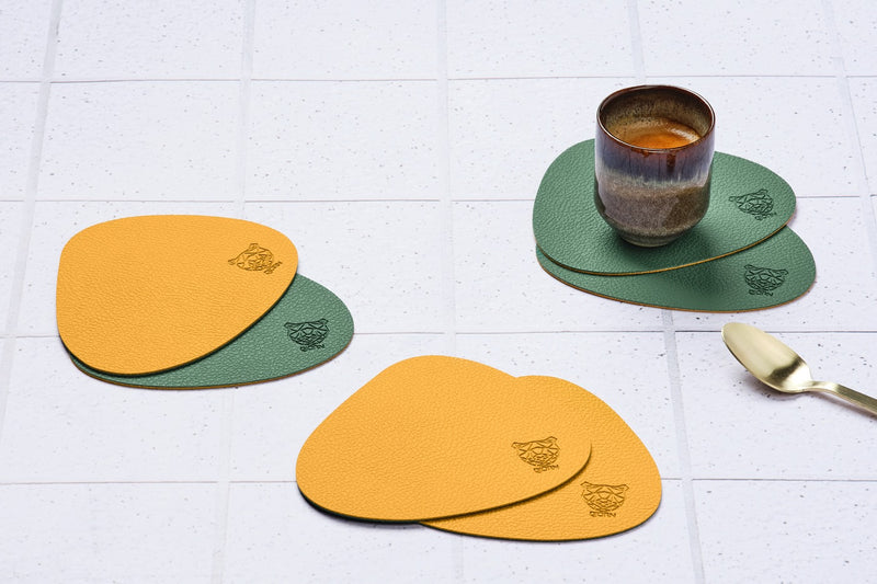 Sous-Verre Curve Réversible - 6 Pièces - Cuir Recyclé Jaune Moutarde Et Vert Sapin