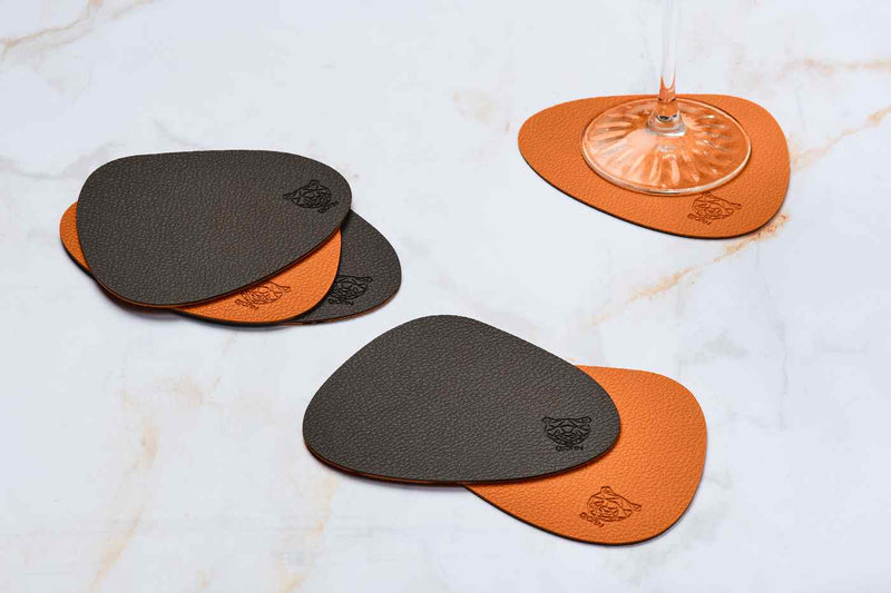 Sous-Verre Curve Réversible - 6 Pièces - Cuir Recyclé Orange Et Chocolat
