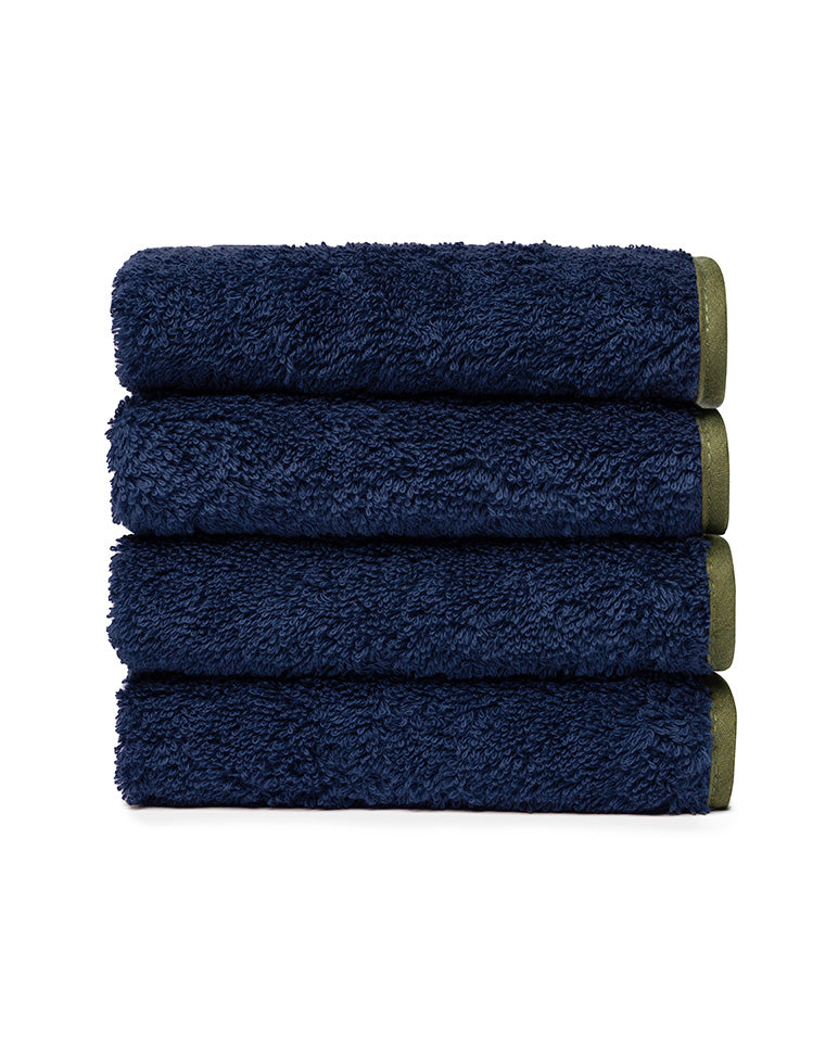 Set di 4 lavette viso - Blu notte con bordino kaki