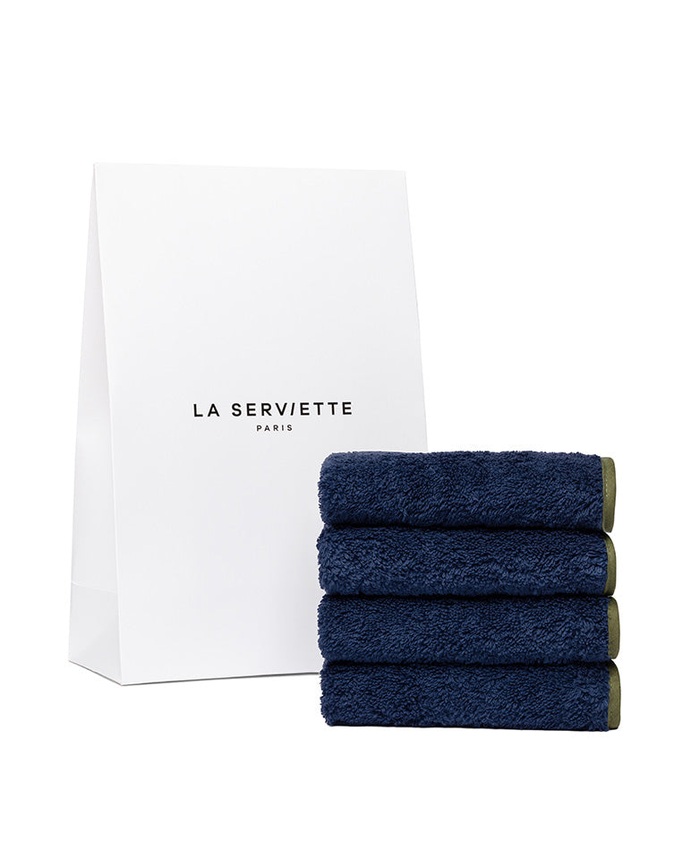 Set di 4 lavette viso - Blu notte con bordino kaki