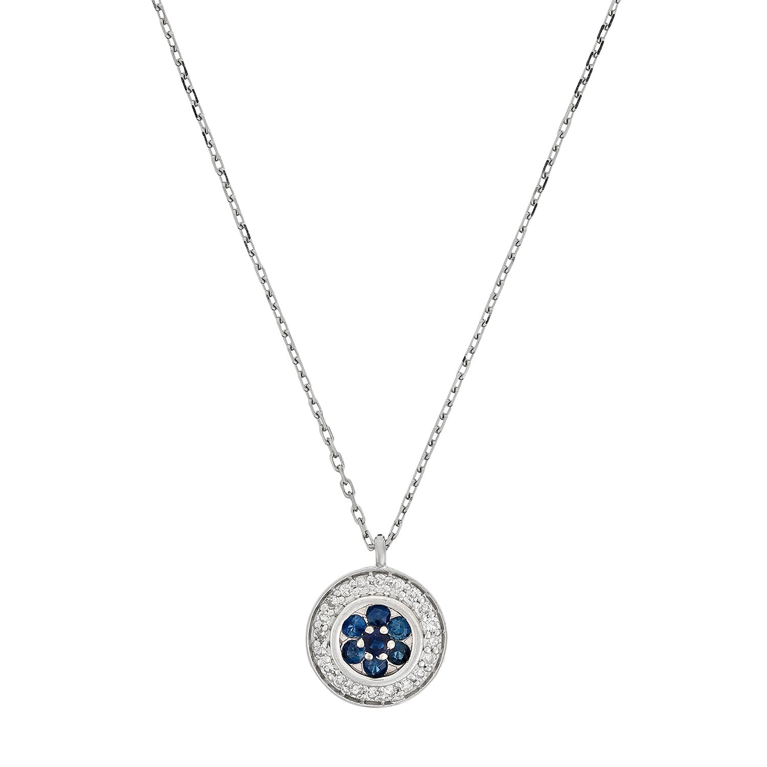 Collier "Bouclier" Diamant 0,07/20 Et Saphir 0,18/7 - Or Blanc 375/1000