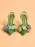 Ella Sling In Green Suede & Multicolor Organza