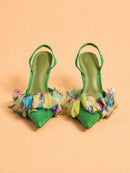Ella Sling In Green Suede & Multicolor Organza