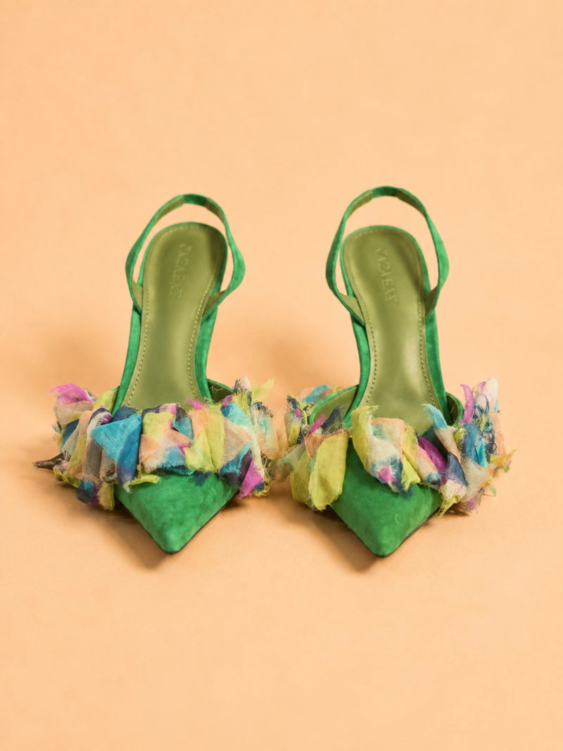 Ella Sling In Green Suede & Multicolor Organza